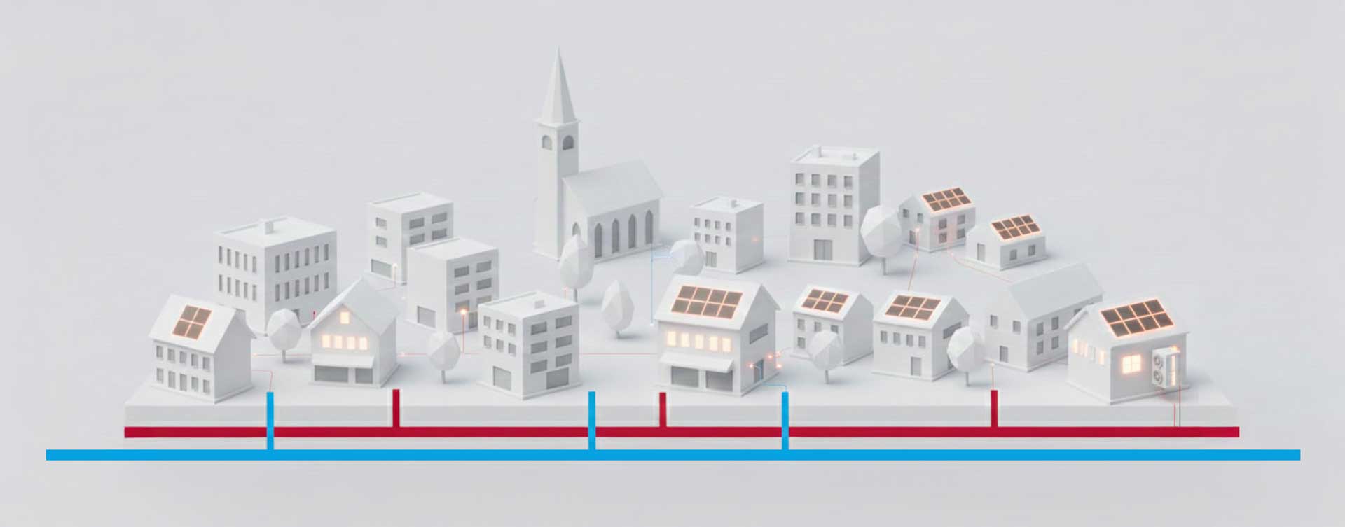 Isometrische 3D-Illustration eines Nahwärmenetzes: Eine minimalistische weiße Modellstadt mit unterirdischen Rohrleitungen in Rot (Vorlauf) und Blau (wellenförmiger Rücklauf), die verschiedene Gebäude wie Wohnhäuser und eine Kirche effizient verbinden.