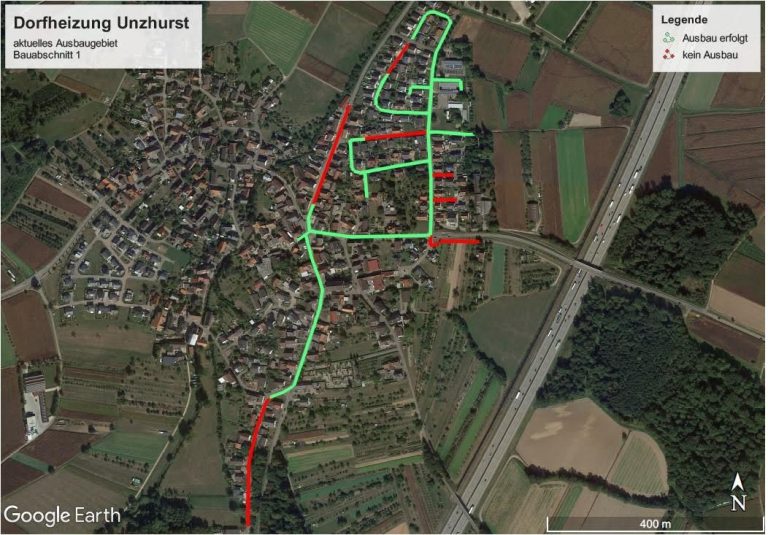 Aktualisierte Luftaufnahme der Gemeinde Unzhurst mit dem bestätigten Trassenverlauf inklusive des Erweiterungsgebiets Zell.